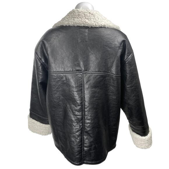 Free People Kaja Black Vegan Leather Sherpa Double Breasted Peacoat Jacket Sz L - Picture 2 of 4
